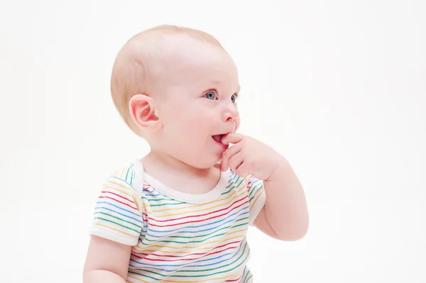 Pretty smiley baby in striped t-shirt — Stock Photo, Image