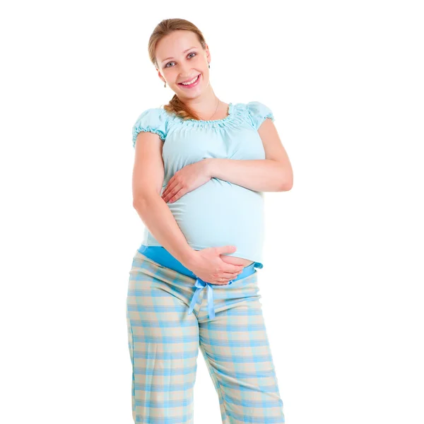 Szczęśliwa kobieta w ciąży w piżamie — Zdjęcie stockowe
