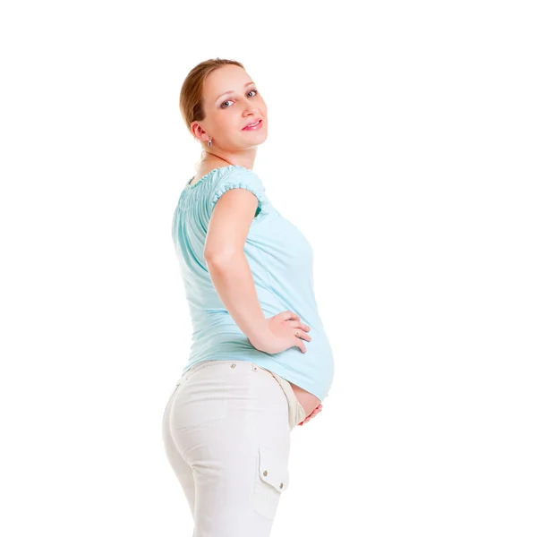 Mujer embarazada en camiseta azul — Foto de Stock