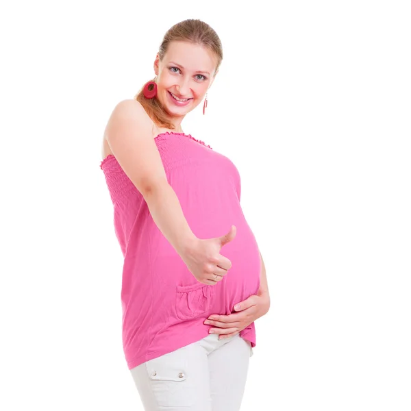 Smiley pregnant woman showing thumbs up — Stock Photo, Image