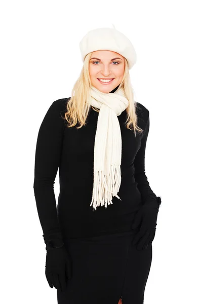 Beautiful woman in beret and scarf — Stock Photo, Image