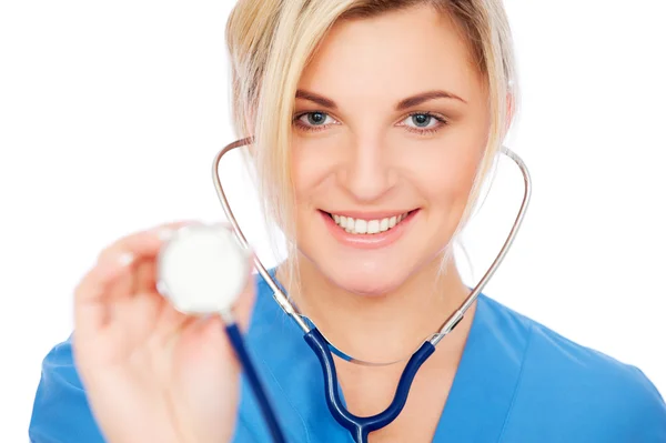 Smiley nurse with stethoscope — Stock Photo, Image