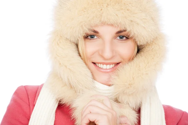Smiley woman in fur hat. — Stock Photo, Image