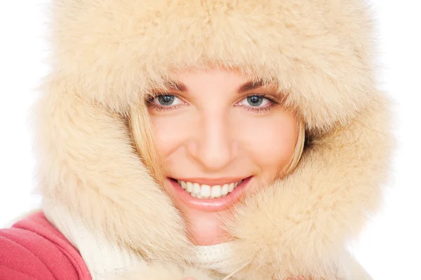 Smiley woman in fur hat — Stock Photo, Image