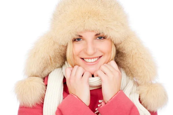 Smiley woman in fur hat — Stock Photo, Image