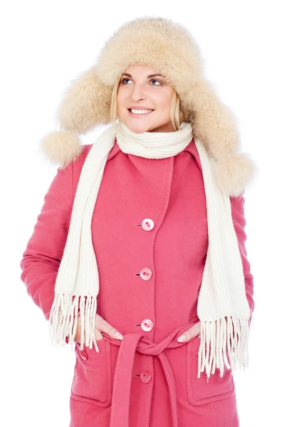 Smiley woman in pink coat — Stock Photo, Image