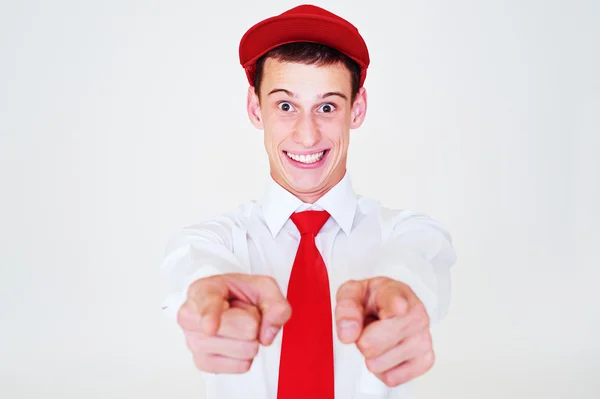 Curioso hombre feliz en tapa roja — Stockfoto
