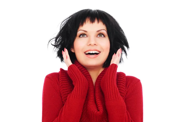 Frohe Frau im roten Pullover — Stockfoto