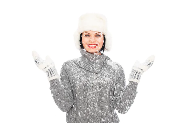 Glückliche Frau mit Hut und Handschuhen — Stockfoto