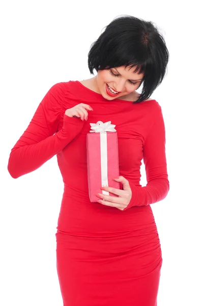 Happy woman with gift — Stock Photo, Image