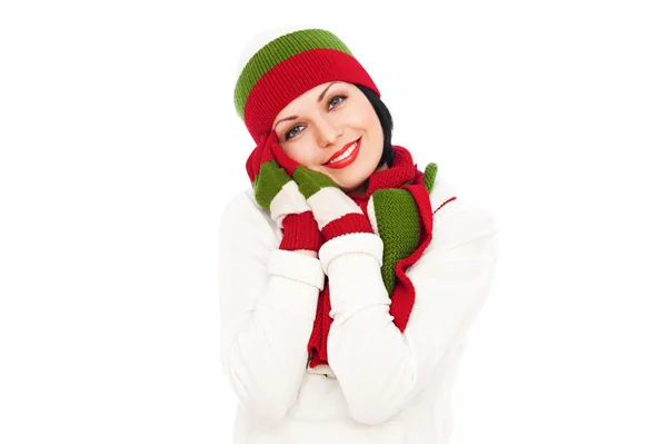 Bella donna sorridente in cappello e sciarpa — Foto Stock