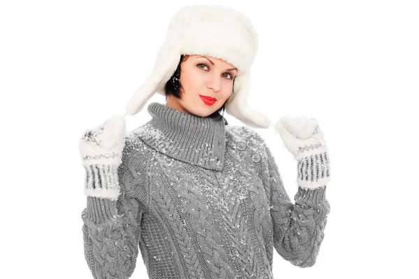 Smiley woman in white fur hat — Stock Photo, Image