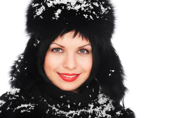 Mulher em chapéu de pele coberto de neve — Fotografia de Stock