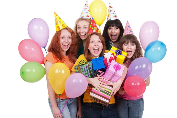 Ευτυχής κορίτσια με κουτιά και μπαλόνια — Φωτογραφία Αρχείου