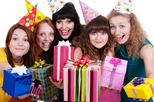 Щасливі дівчата з подарунковими коробками — стокове фото