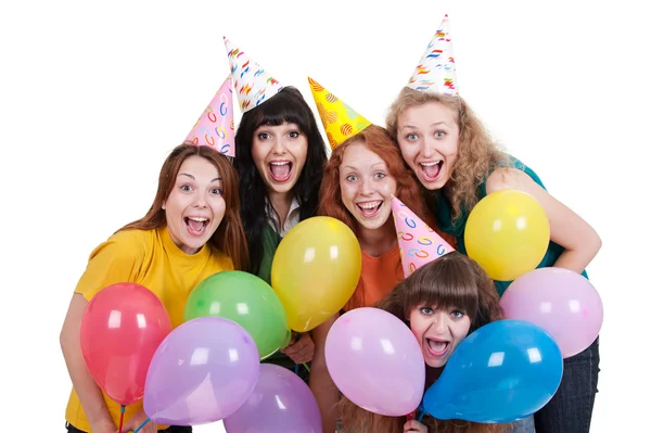 Happy girls with variegated balloons — Stock Photo, Image