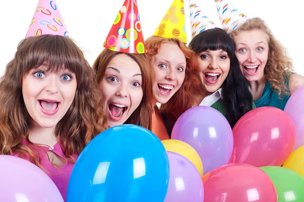 Meninas felizes com balões variegados — Fotografia de Stock