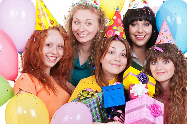 Happy women with gifts and balloons — Stock Photo, Image