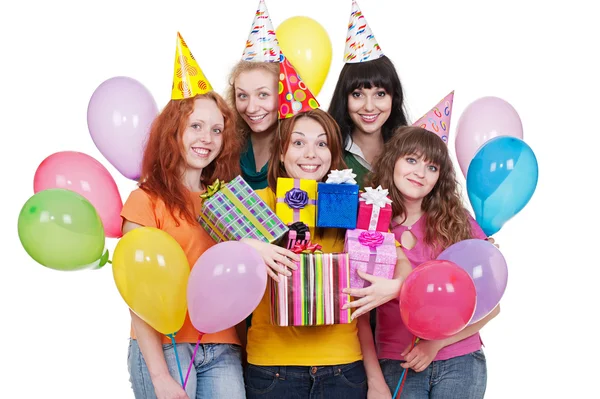 Donne felici con regali e palloncini — Foto Stock