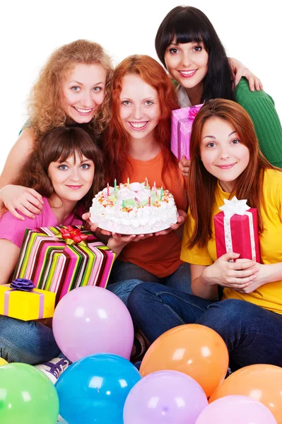 Mulheres felizes com presentes e bolo — Fotografia de Stock