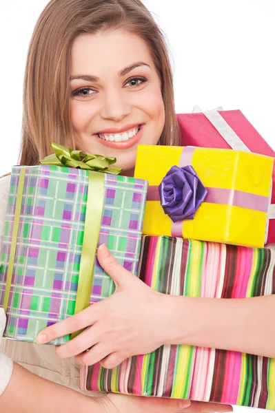Menina feliz com caixas de presente — Fotografia de Stock