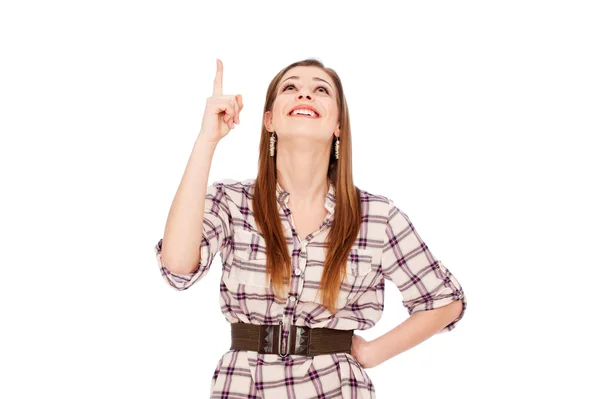 Smiley woman pointing up — Stock Photo, Image