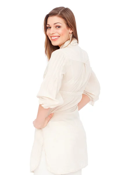 Jovem mulher em branco chemise — Fotografia de Stock