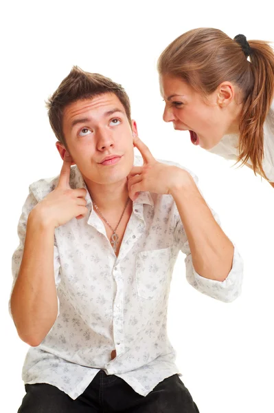 Mulher irritada gritando com o homem — Fotografia de Stock