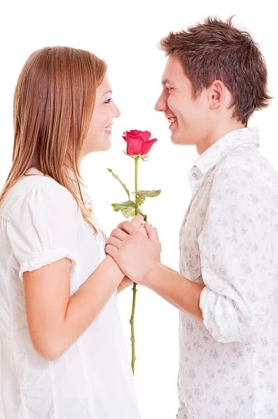 Lively couple with red rose — Stock Photo, Image