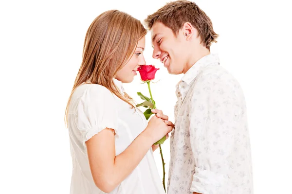 Woman with rose and smiley man — Stock Photo, Image