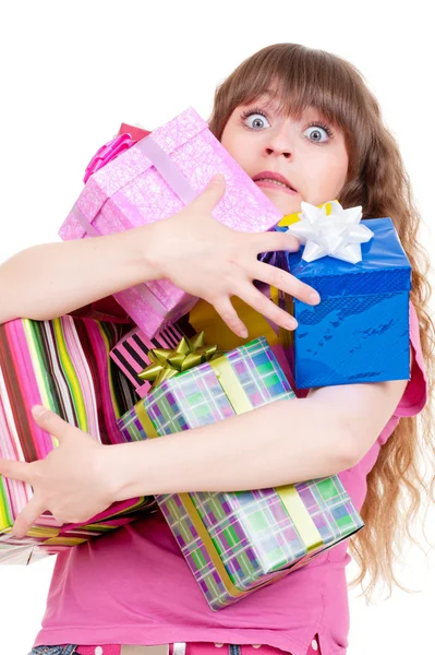Amazed girl with gifts — Stock Photo, Image