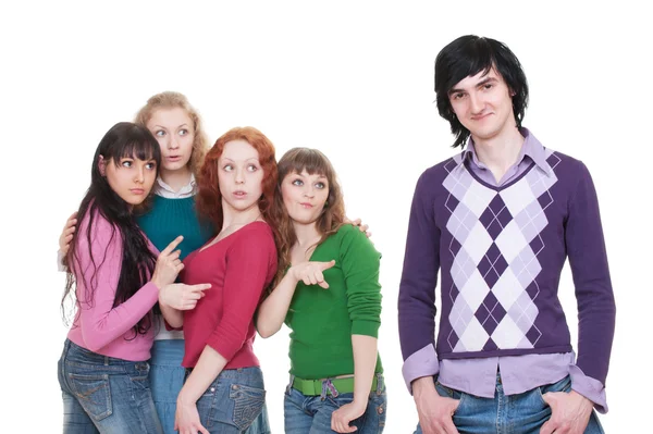 Group of women pointing at the man — Stock Photo, Image