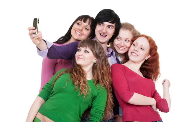 Happy vrienden nemen foto op telefoon — Stockfoto