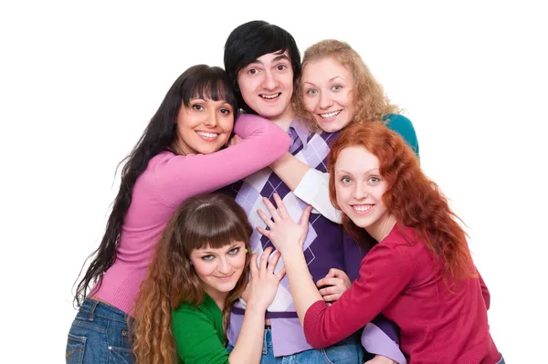 Lively picture of one man and four girls — Stock Photo, Image