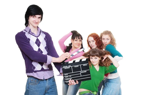 Man with clapboard over women — Stock Photo, Image