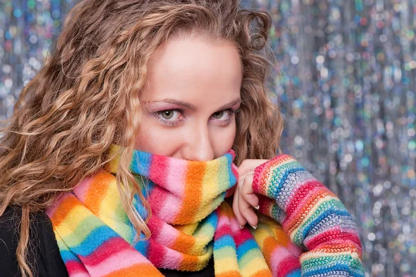 Pretty blonde in bright rainbow scarf — Stock Photo, Image