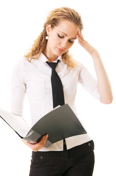 Young businesswoman with folder thinking — Stock Photo, Image