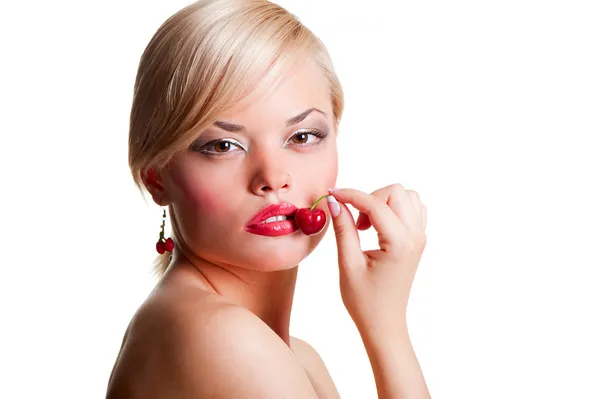 Alluring blonde with cherry — Stock Photo, Image