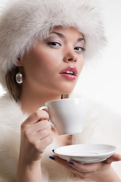 一杯咖啡的妇女肖像 — 图库照片