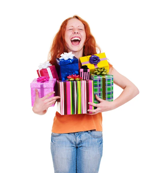 Happy young woman with gift boxes — Stock Photo, Image