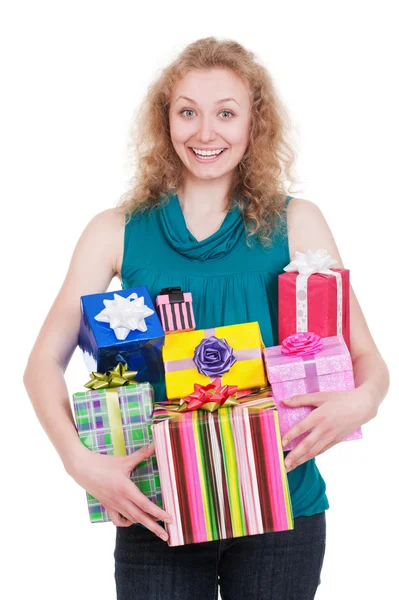 Χαρούμενη γυναίκα με κουτιά δώρων — Φωτογραφία Αρχείου