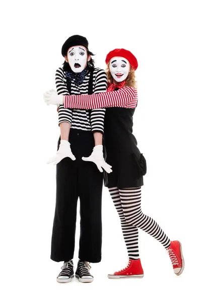Portrait of mimes. happy woman embracing man — Stock Photo, Image