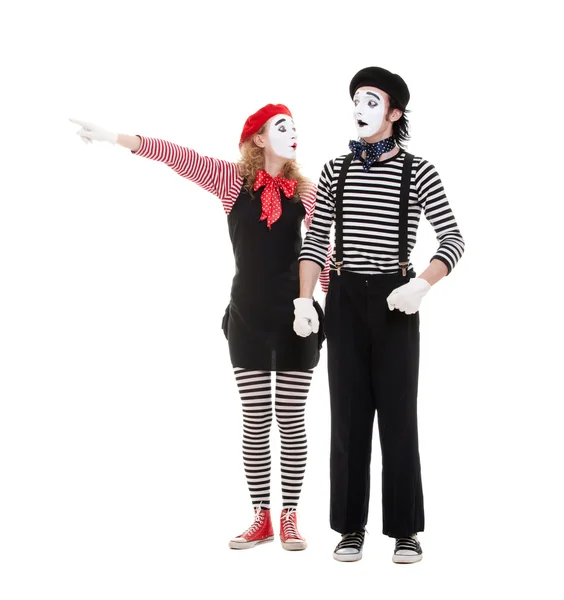 Portrait of mimes. woman pointing at something — Stock Photo, Image
