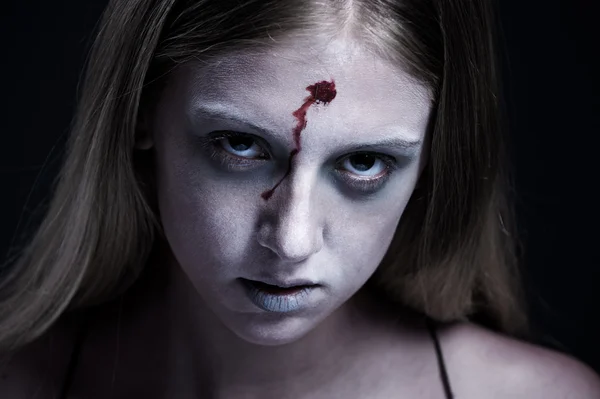 Portrait of zombie with wound on forehead — Stock Photo, Image