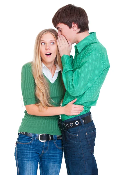 Chica sorprendida escuchando a su novio —  Fotos de Stock