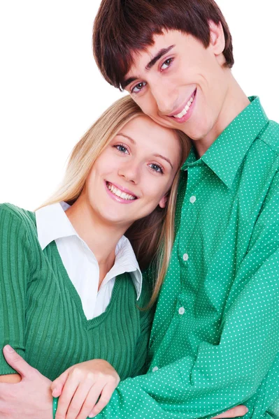 Fröhliches junges Paar über Weiß — Stockfoto