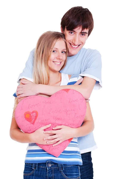 Νεαρό ζευγάρι με ροζ καρδιά — Φωτογραφία Αρχείου