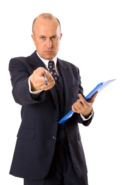 Homme d'affaires pointant avec stylo — Photo