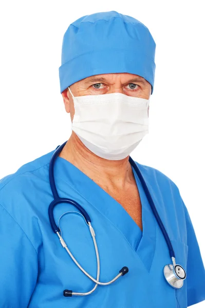 Doutor em máscara e uniforme azul — Fotografia de Stock