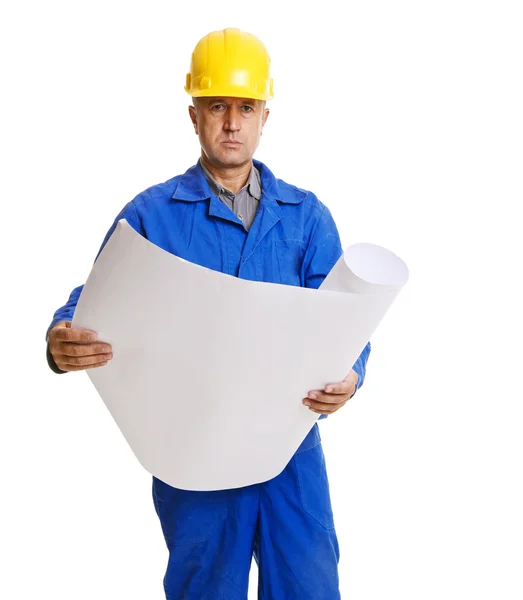 Serious handsome worker with blueprint — Stock Photo, Image